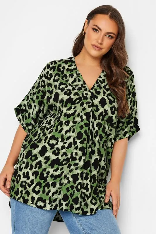 YOURS Curve Green Animal Print Pleat Front Shirt