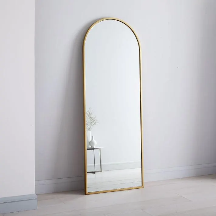 Metal Frame Arched 74" Floor Mirror, Antique Brass