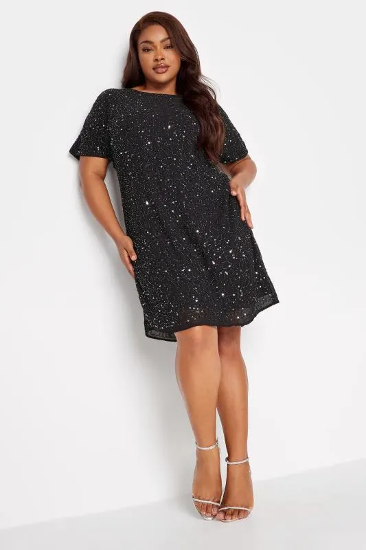 LUXE Curve Black Sequin Hand Embellished Cold Shoulder Cape Dress