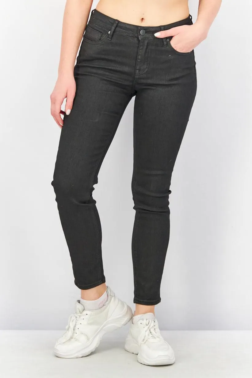 Women Skinny Fit Coated Stretchable Denim Jeans, Black