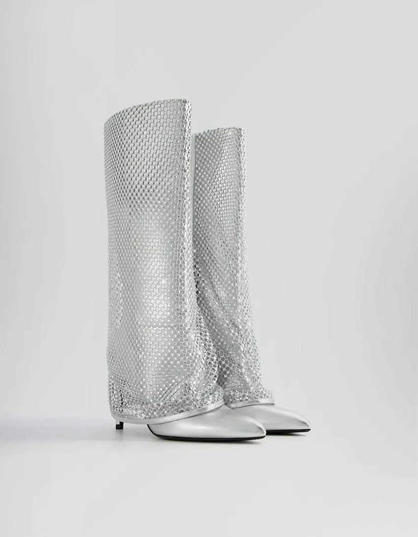 Metallic high-heel foldover boots with rhinestones