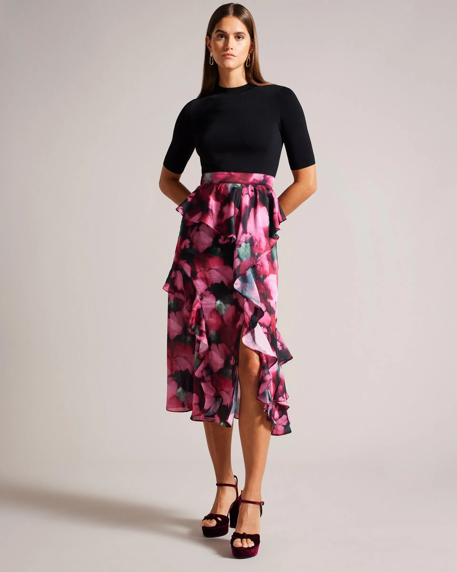 Darciia Fitted Knit Bodice Dress With Ruffle Skirt Black