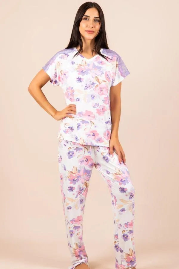 Ladies White Lilac Pink Floral Lace Shoulder PJ