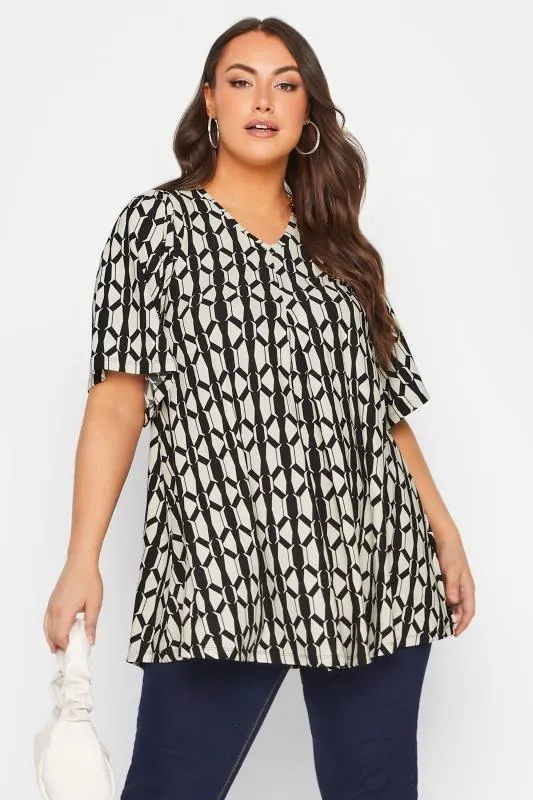 YOURS Curve Black Geometric Print Angel Sleeve Top