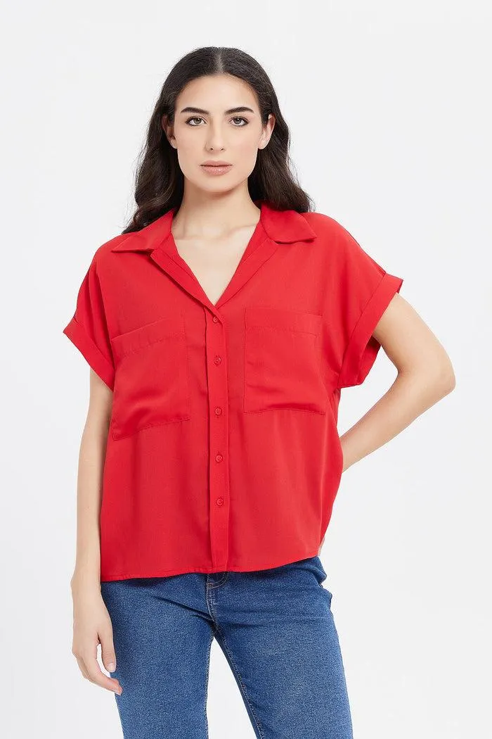 Women Red Front Button Blouse