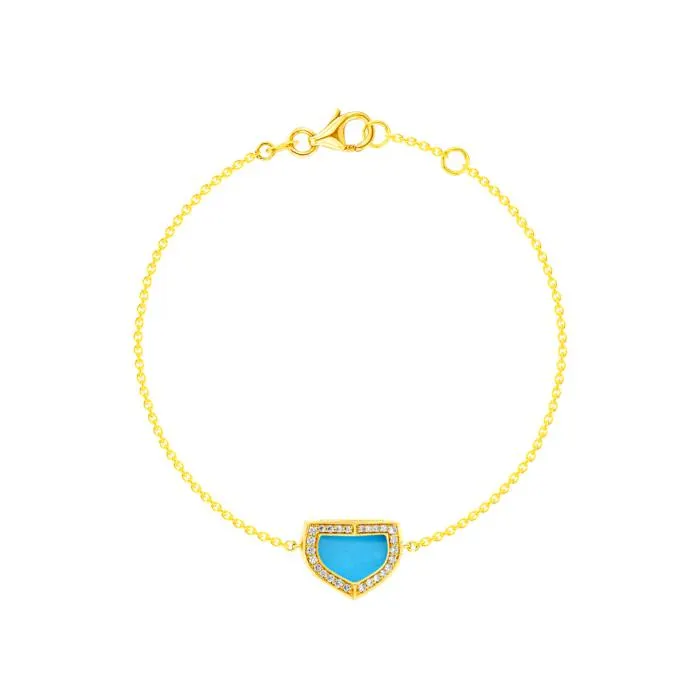 Dome Art Deco Yellow Gold Bracelet with Turquoise and Diamond