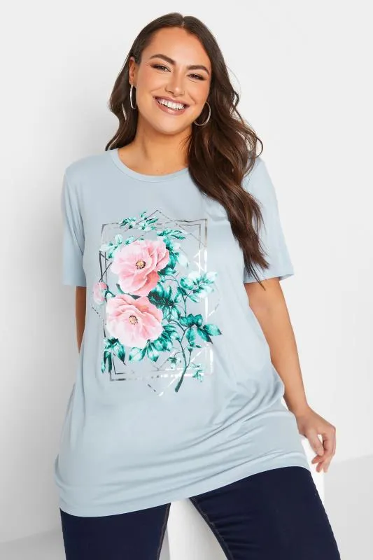 YOURS Curve Light Blue Floral Foil Print T-Shirt