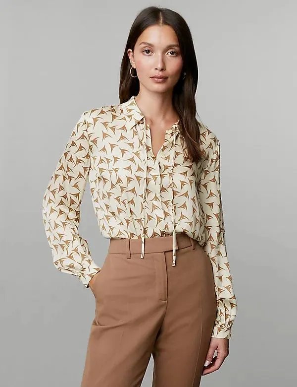 Printed Collared Blouson Sleeve Shirt