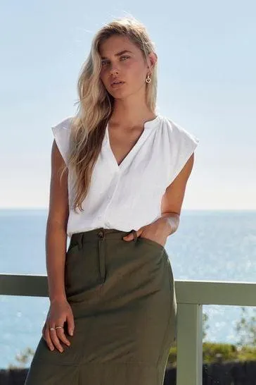 Linen Blend Button Down Relaxed Sleeve Top