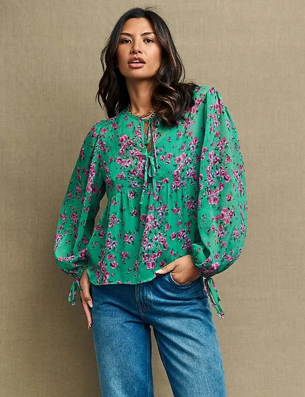 Floral Tie Neck Blouse