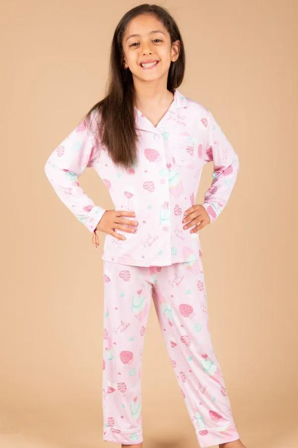 Girls Pink Cupcake Button Through PJ