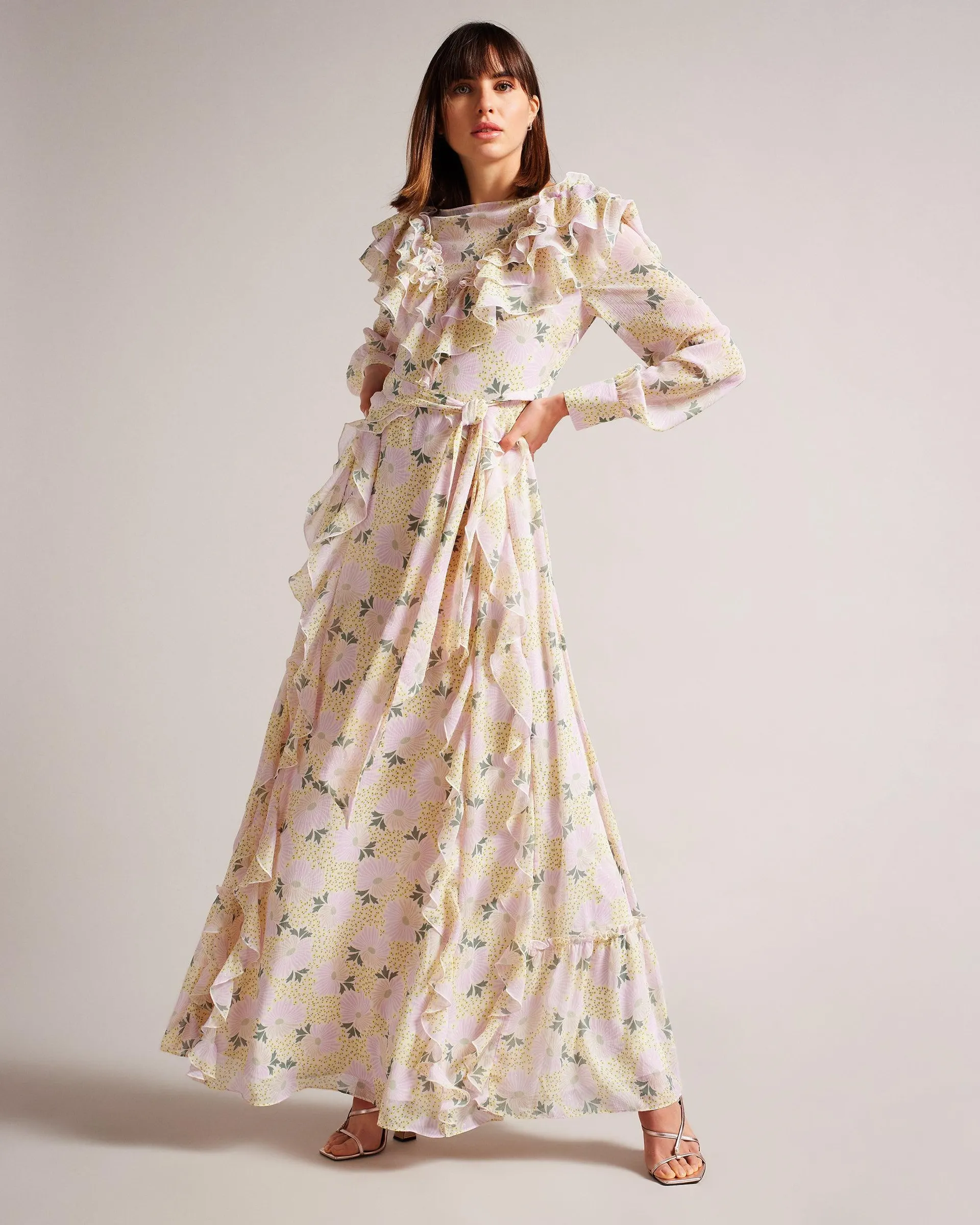 Vivyana Frilled Daisy Print Maxi Dress Lt-Yellow