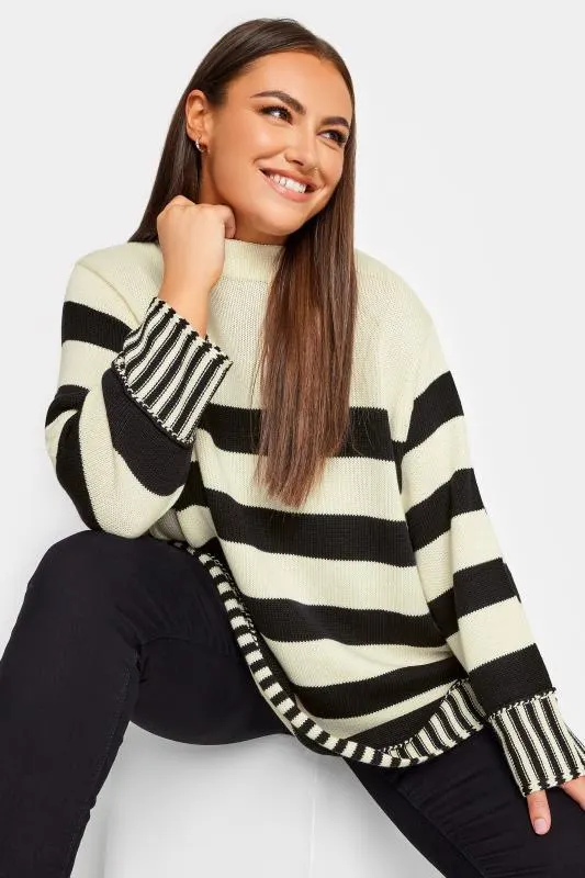 YOURS Curve White & Black Stripe Turtle Neck Knitted Jumper