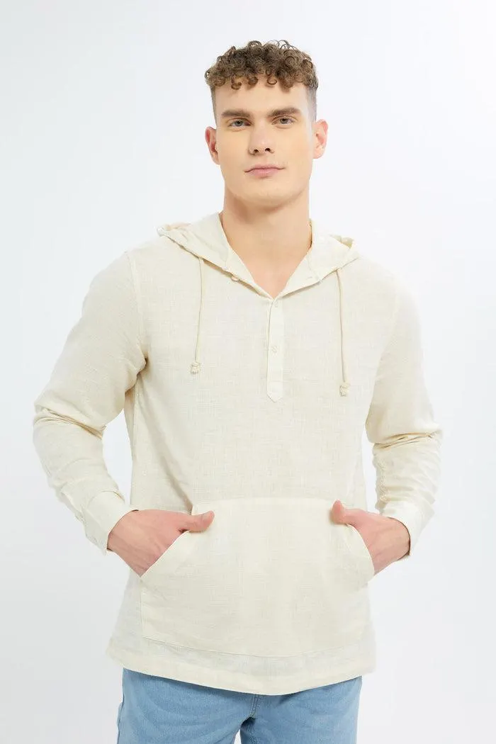 Men Beige Linen Hooded Kurta Shirt