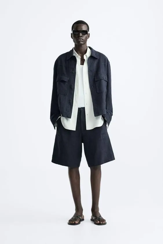 100% LINEN CARGO BERMUDA SHORTS