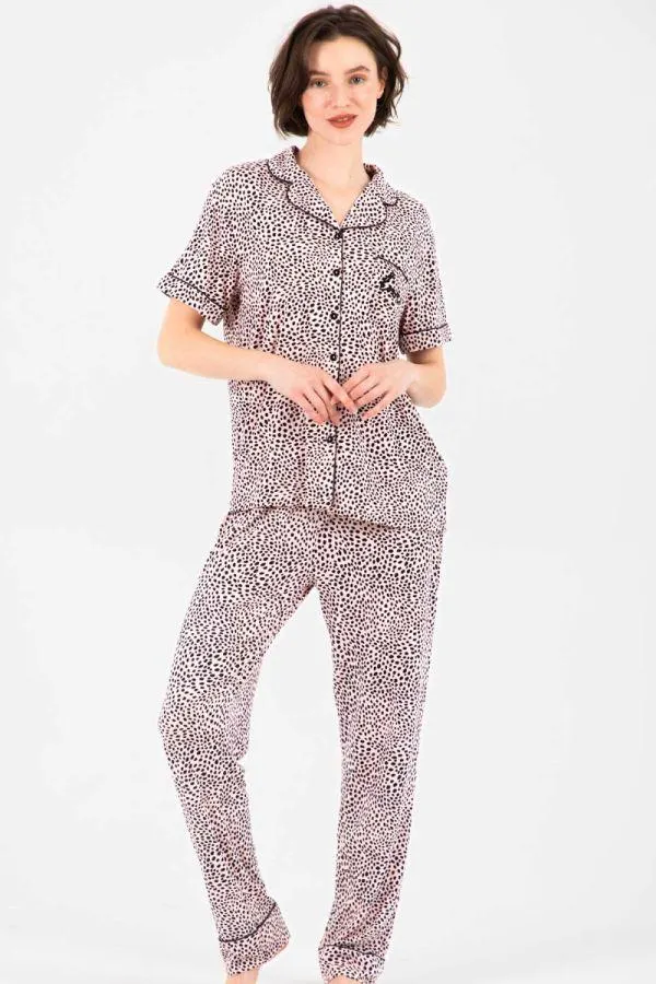 Ladies Brown Black Animal Spot Button Through PJ