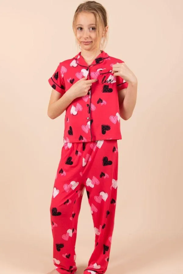 Girls Red Heart Button Through PJ