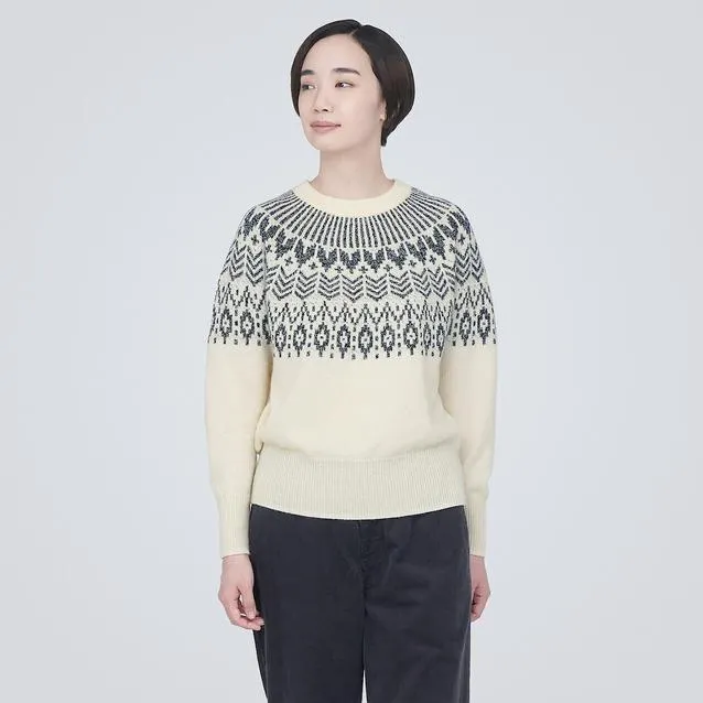 Wool Jacquad Pattern Crew Neck Sweater
