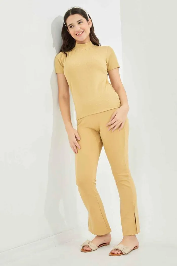 Girls-Beige Jacquard Flared Pants