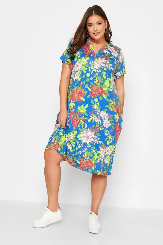 YOURS Curve Blue Front Print Pleat Front Dress