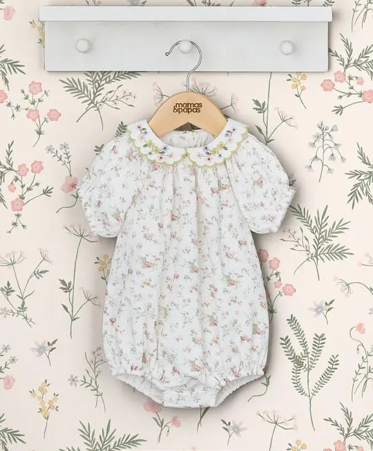 Floral Print Romper with Embroidered Collar