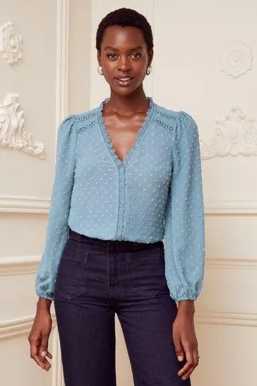 Love & Roses V Neck Lace Long Sleeve Lace Trim Dobby Spot Blouse
