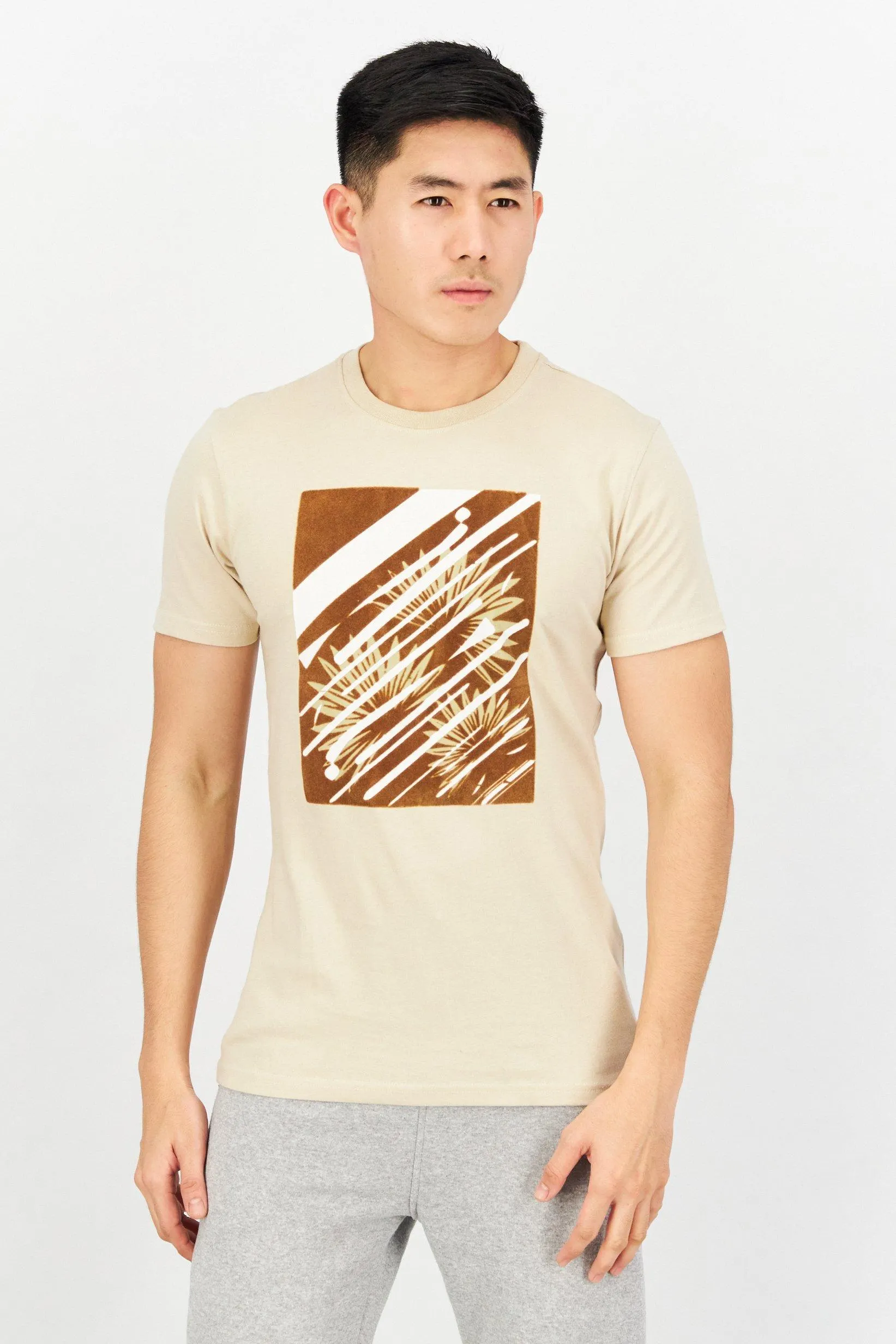 Men Crew Neck Short Sleeve Graphic Print T-Shirt, Tan