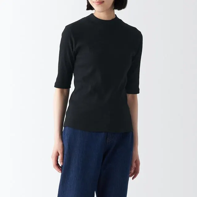 Stretch Ribbed High Neck 1/2 Sleeve T-Shirt