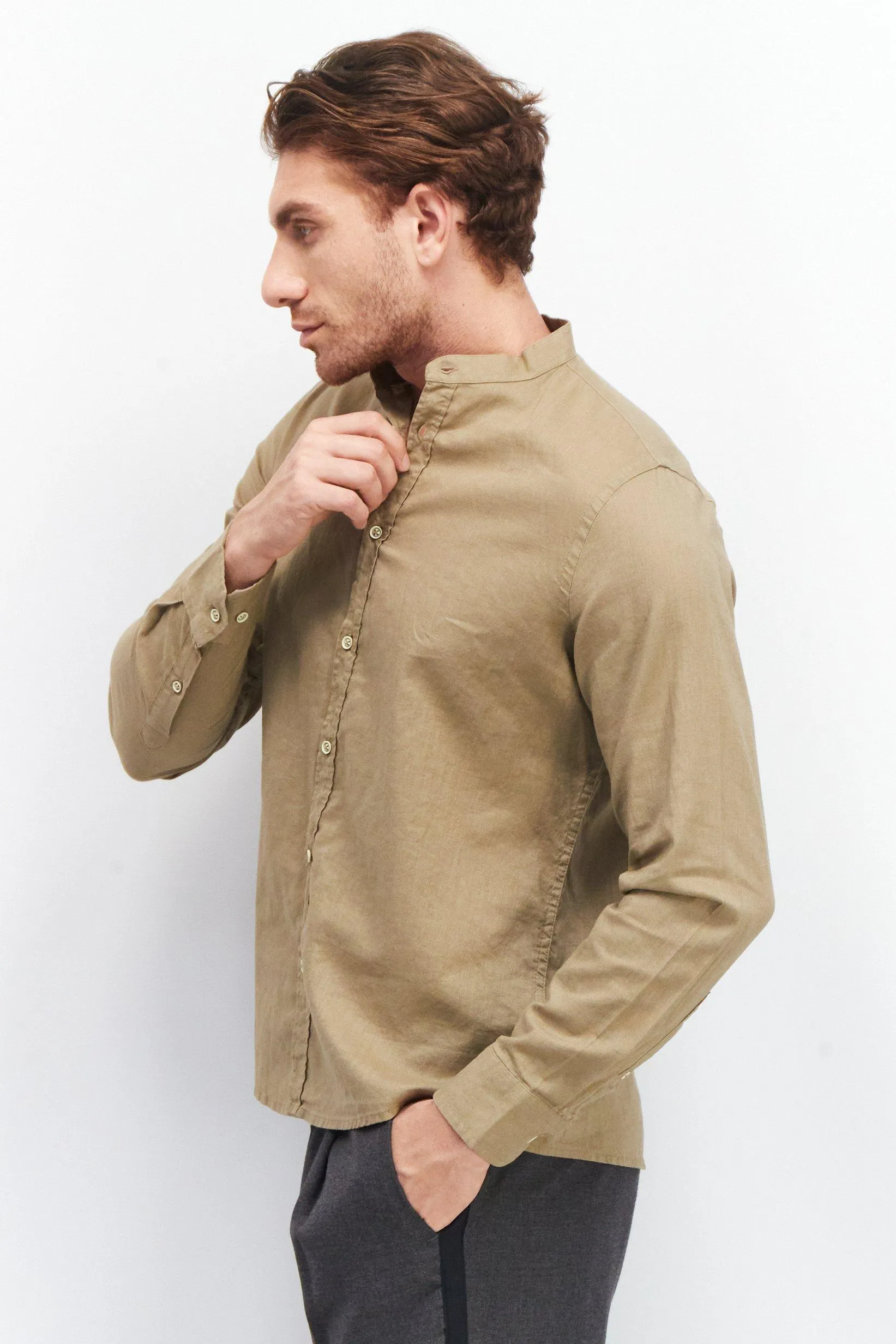 Men Comfort Fit Plain Long Sleeve Casual Shirt, Khaki