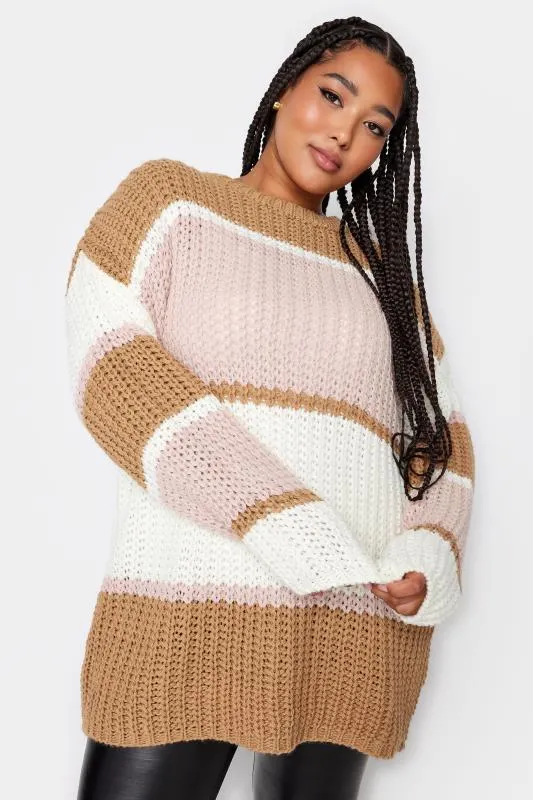 YOURS Curve Beige Brown Colour Block Knitted Jumper