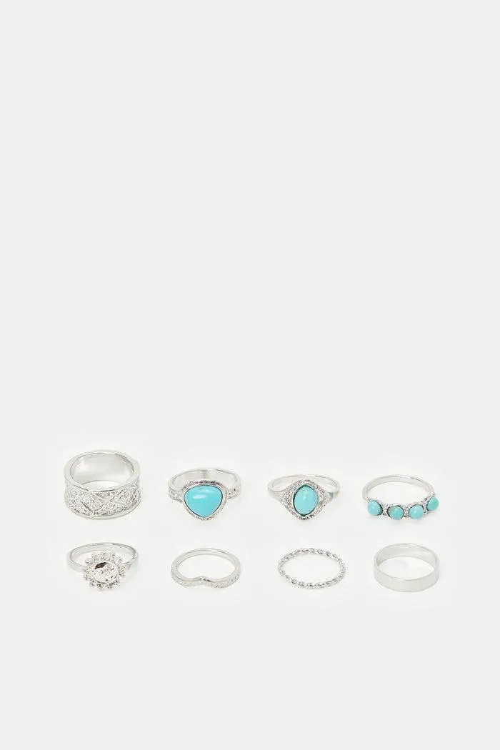 Women Silver Embellished Rings (Pack of 8)