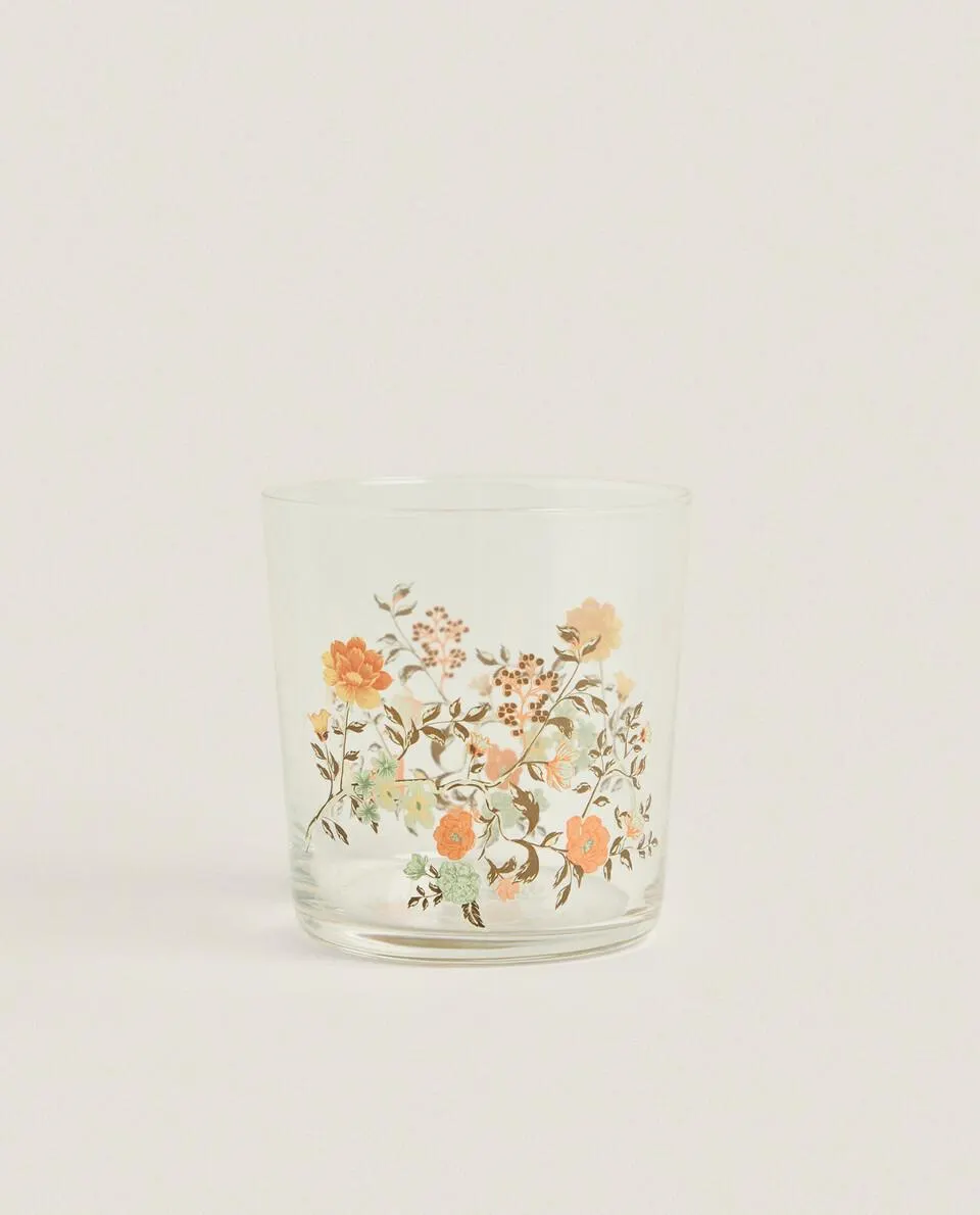 GLASS TUMBLER WITH FLORAL TRANSFER