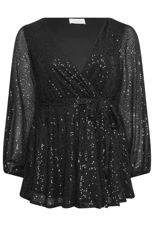 YOURS LONDON Curve Black Sequin Wrap Top