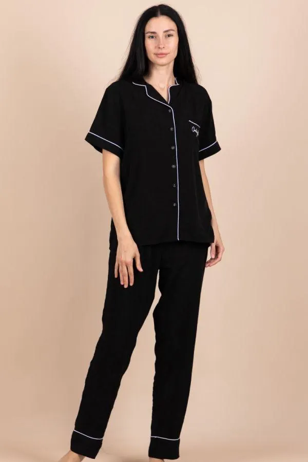 Ladies Black Floral Jacquard Button Through PJ