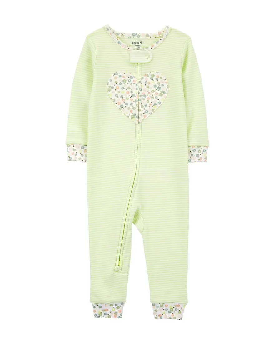 Heart Footless Pyjamas - Green