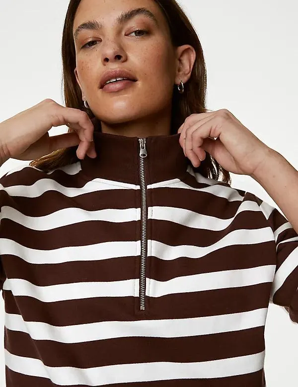 Cotton Rich Striped Half Zip Sweatshirt