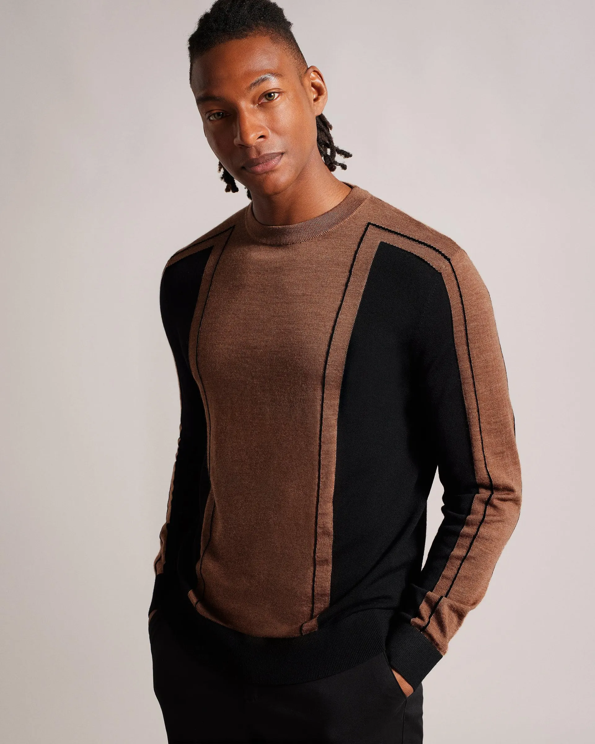 Mitted Merino Wool Striped Jumper Tan