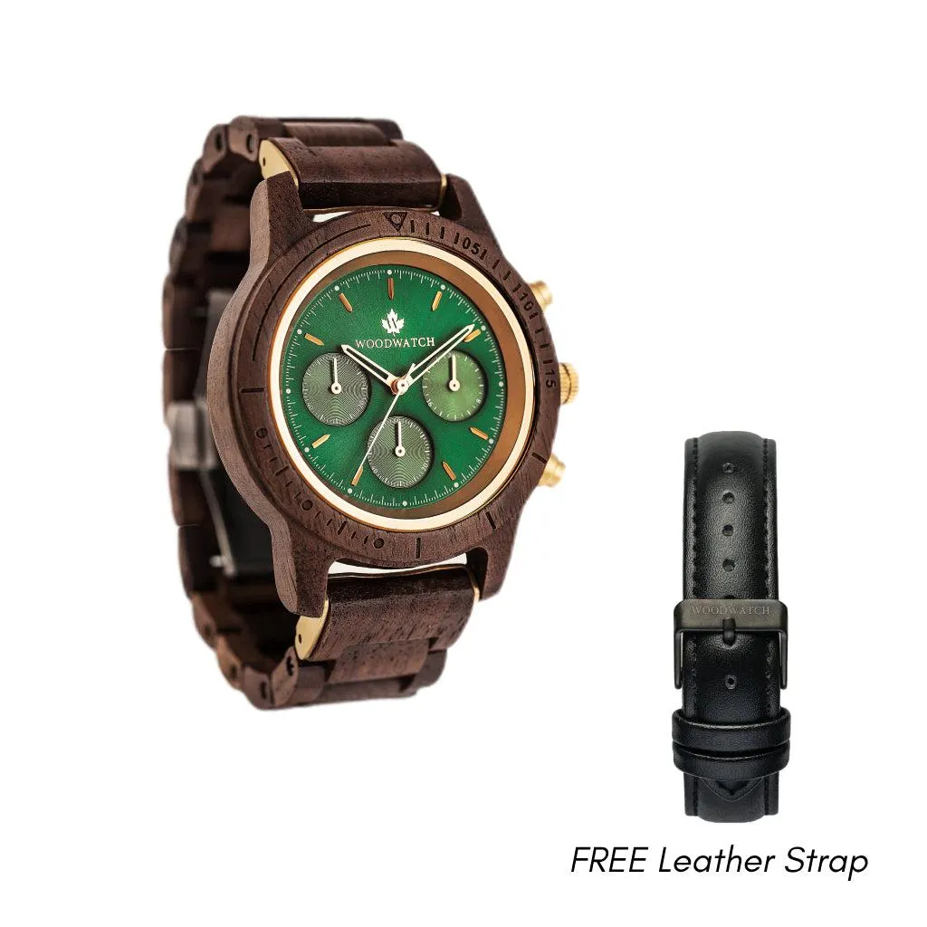 WOODWATCH MEN'S CHRONUS EMERALD GOLD WW-CS-EMD W/ FREE STRAP WW-S-J-18