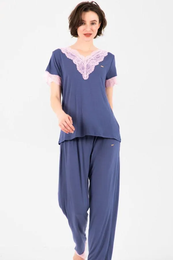 Ladies Dusky Blue Pink Lace PJ