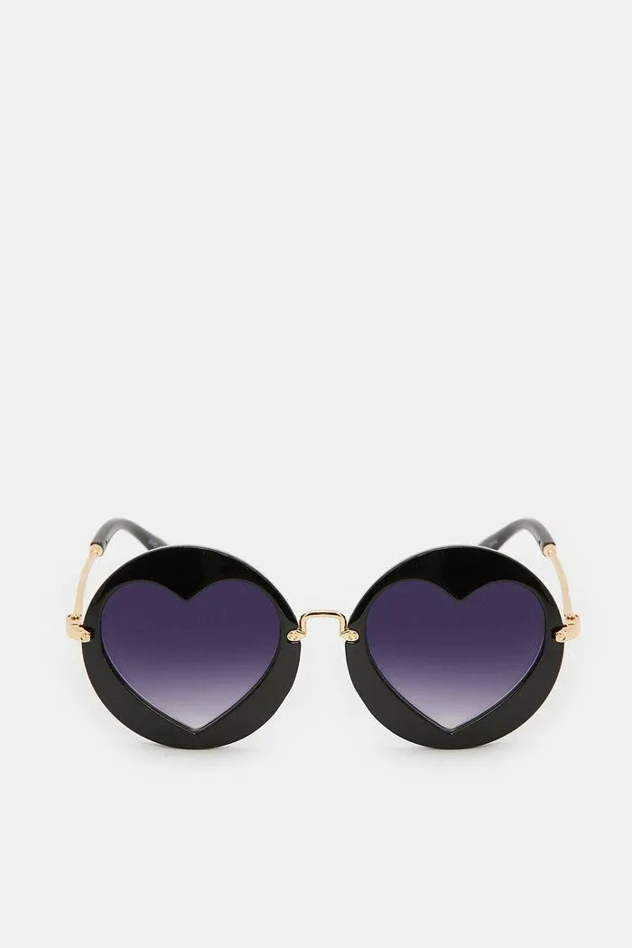 Girls Black And Gold Round Heart Embellished Sunglasses