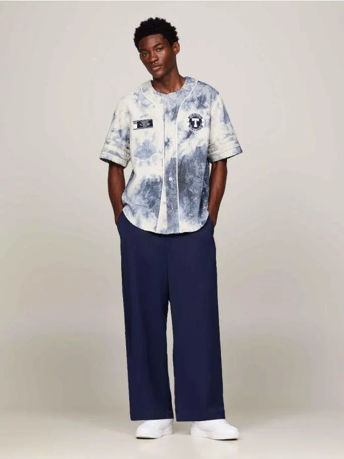 Dual Gender Varsity Tie-Dye Short Sleeve Denim Shirt