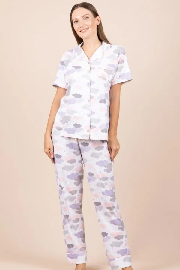 Ladies White Lilac Pink Cloud Button Through PJ