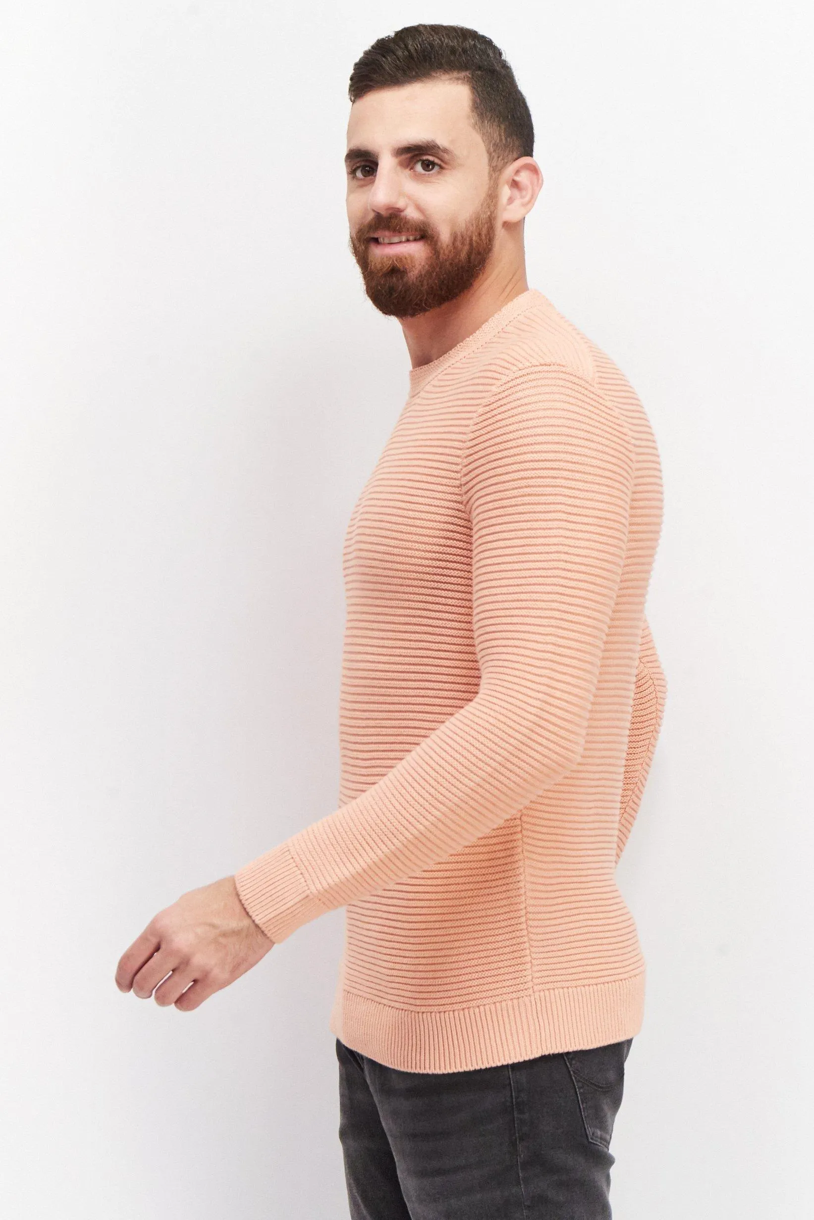 Men Crew Neck Crochet Sweater, Peach
