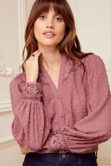 Love & Roses Lace Yoke Ruffle Neck Button Through Blouse