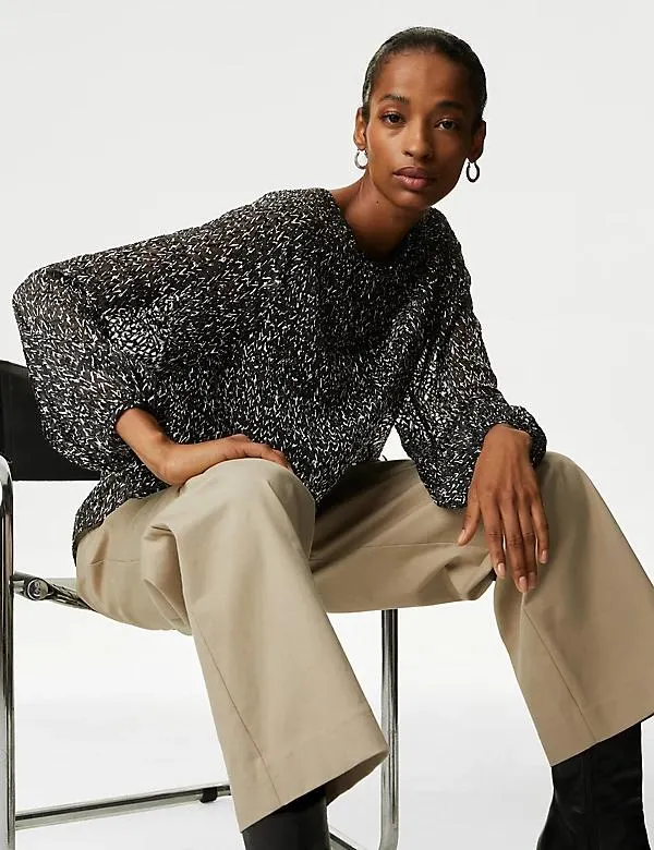 Printed Crew Neck Blouse