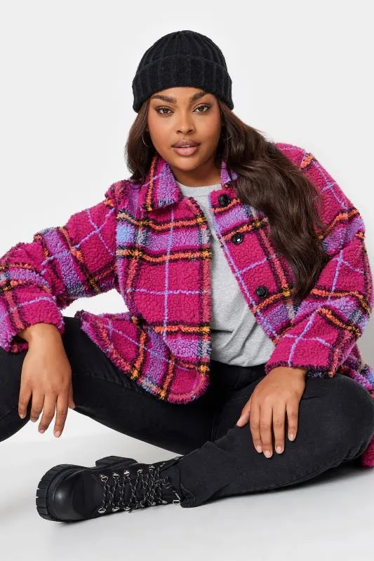 YOURS Curve Pink Check Print Button Through Fleece