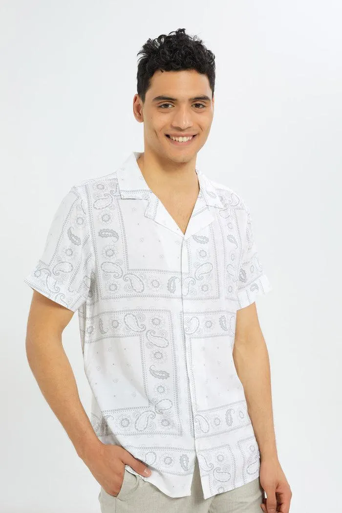 Men White And Blue Paisley Printed Shirt