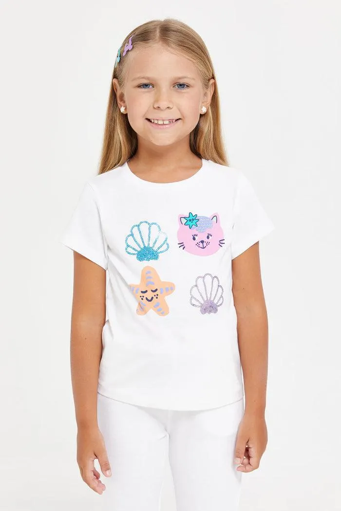 Girls White Printed T-Shirt