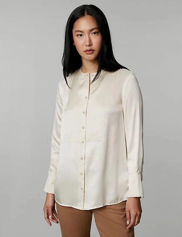 Pure Silk Round Neck Bib Detail Shirt