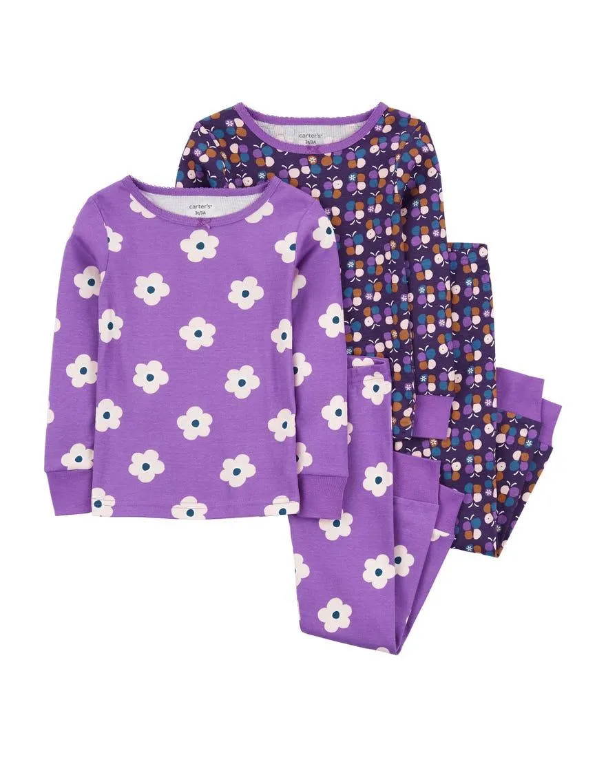 Floral and Butterfly Print 4-Piece Pyjama Set - Purple